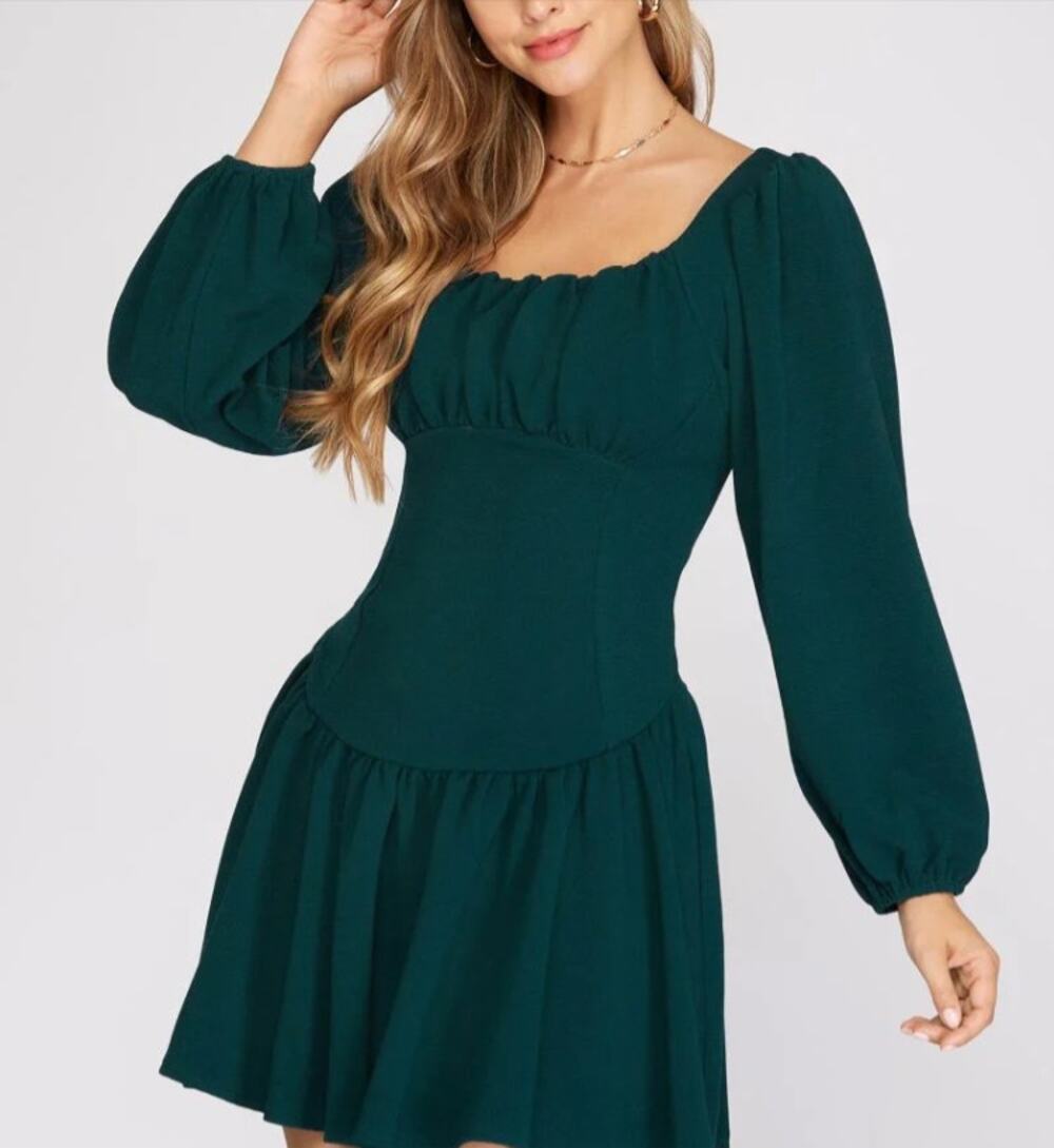 She + Sky Dark Teal Square Neck Drop Waist Puff Sleeve Mini Dress Small NWT